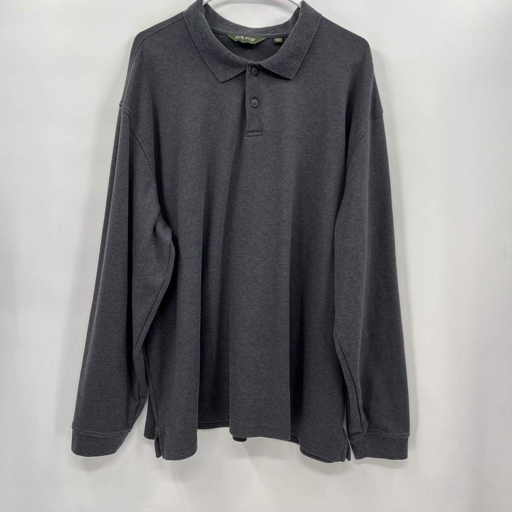 Orvis XXL Long Sleeve Polo Shirt Mens Charcoal Gray Cotton Blend Stretch Ribbed